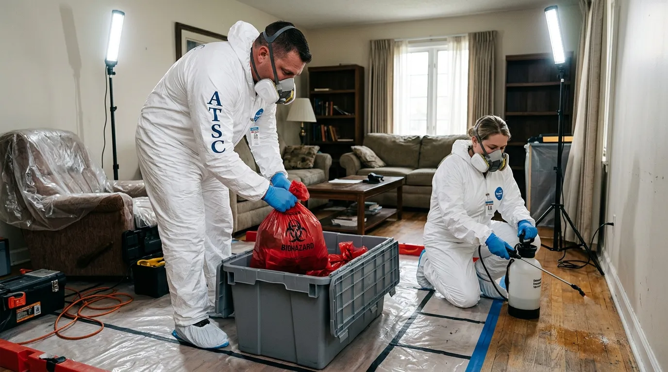 Professional Biohazard Cleanup technician in full PPE working in Black Jack